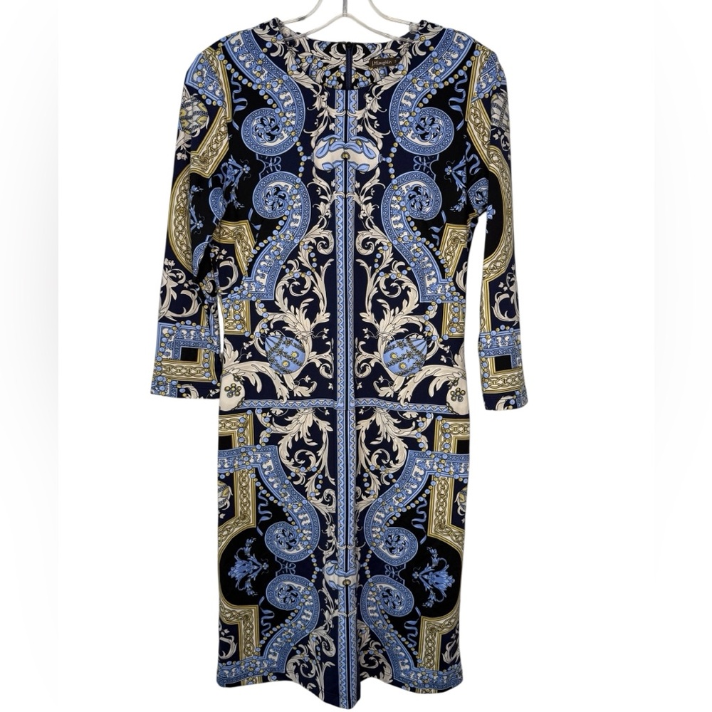J. McLaughlin Navy and Gold 3/4 Sleeve Dress - Small